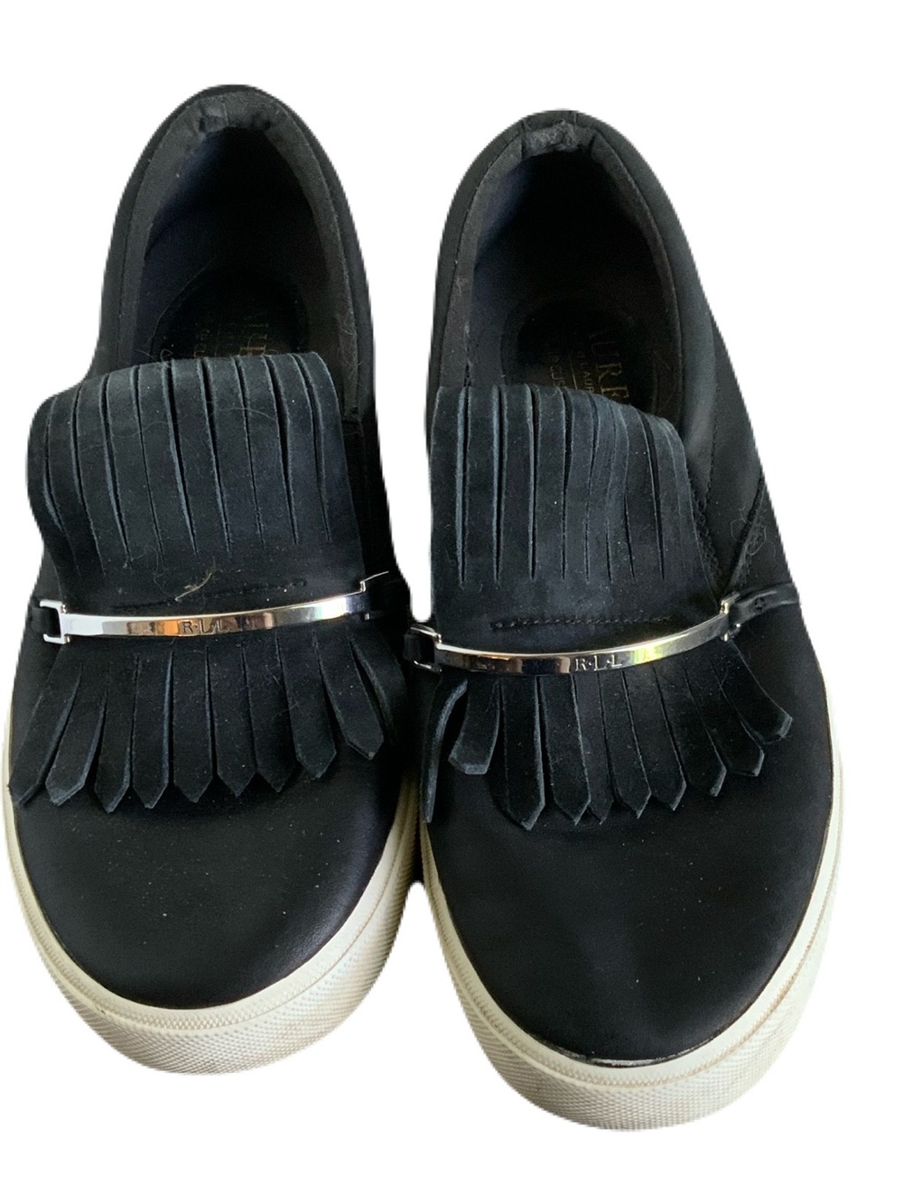 Ralph Lauren Reanna Black Kiltie Fringe Slip-On Sneakers with Silver Bar